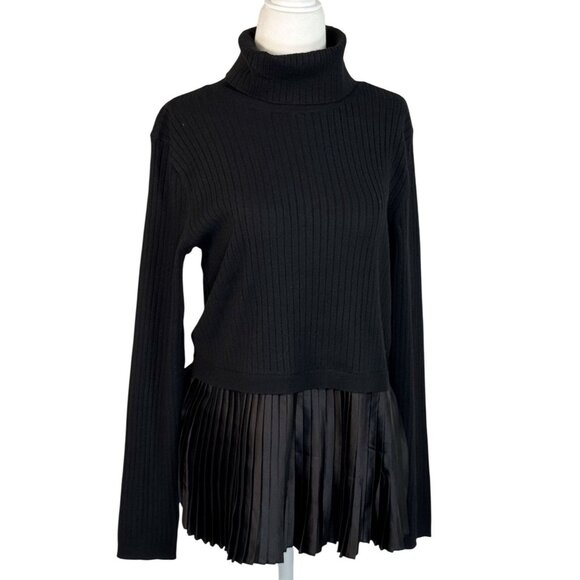 NINE WEST Size M Women Black Ribbed Knit Top With Pleated Satin Hem & Turtleneck - Picture 1 of 5